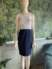 Phase Eight Sleeveless Navy Fitted Dress With Cream Lace Top Size 8