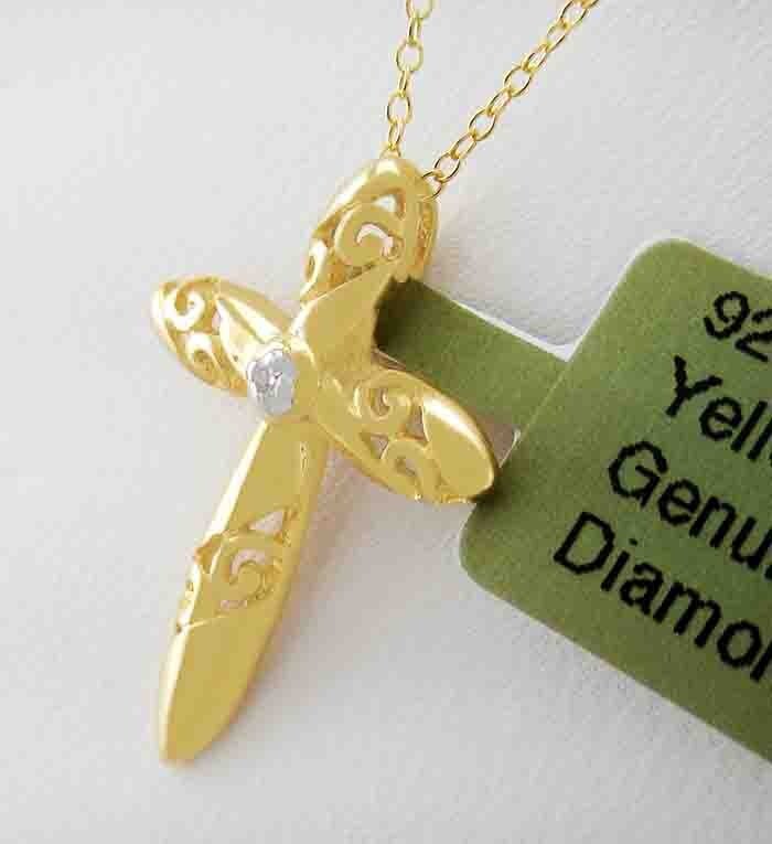 GENUINE DIAMOND CROSS PENDANT NECKLACE 14K YELLOW GOLD PLATED (.925) - NWT