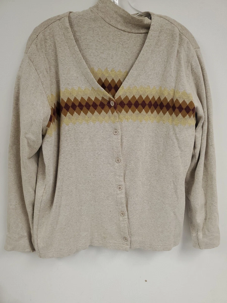 Vintage Fila 2 Piece Cotton Top Cardian Sweater Tan Browm Argyle
