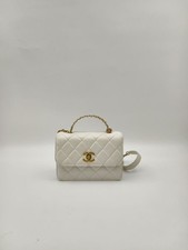 Auth Chanel Flap Bag Mini Top Handle White Quilted Lambskin Multi‑Color Chain