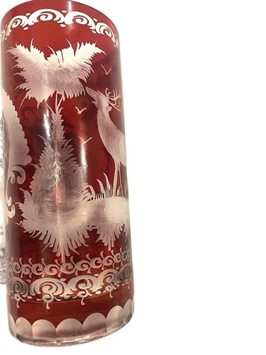 Bohemian Czech Ruby Cut Clear Crystal Tumblers Set 8 Stag Scene Signed JMK Mikší - Picture 2 of 11