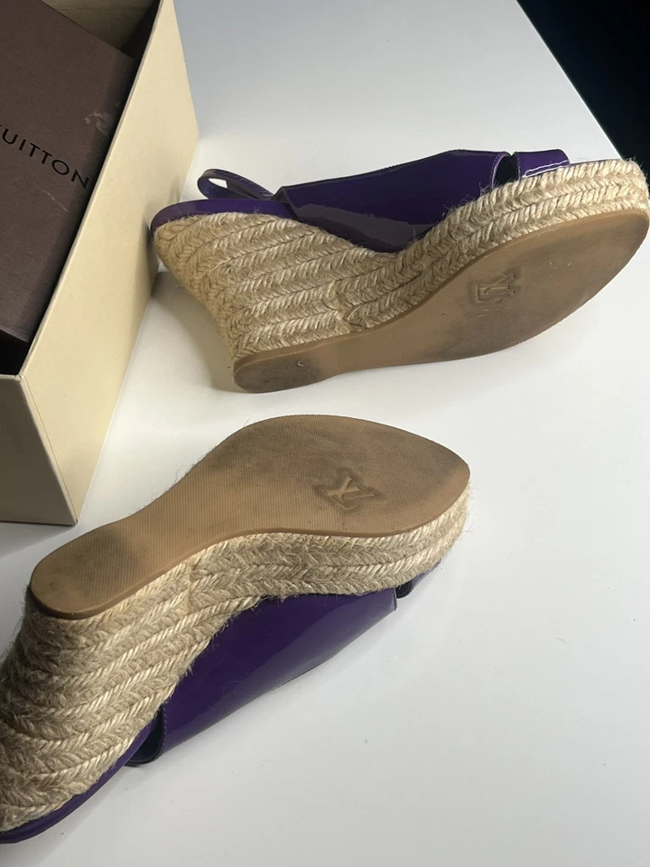LOUIS VUITTON Patent Leather Floral Embellished Espadrille Purple Wedges SZ 7.5  - Image 4 of 4