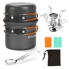Odoland 6pcs Camping Cookware Mess Kit with Lightweight Pot, Stove, Spork and Ca