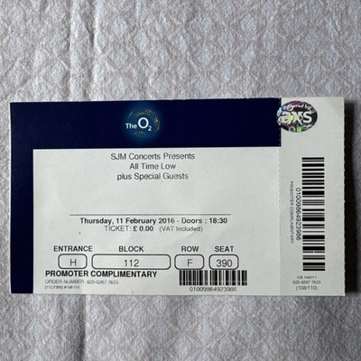 All Time Low Concert Ticket Stub London O2 Arena Thursday February 11th 2016