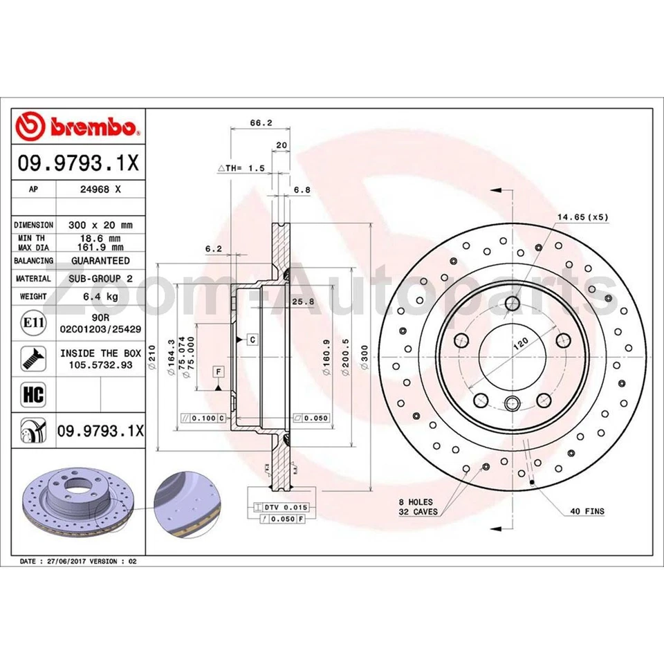 Задние перфорированные щелевые тормозные диски Brembo оригинальные для 2006 BMW 325i - Изображение 2 из 4