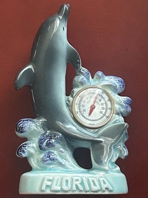 Vintage 50 s Florida Dolphin Porpoise Ceramic Souvenir Thermometer Made In Japan