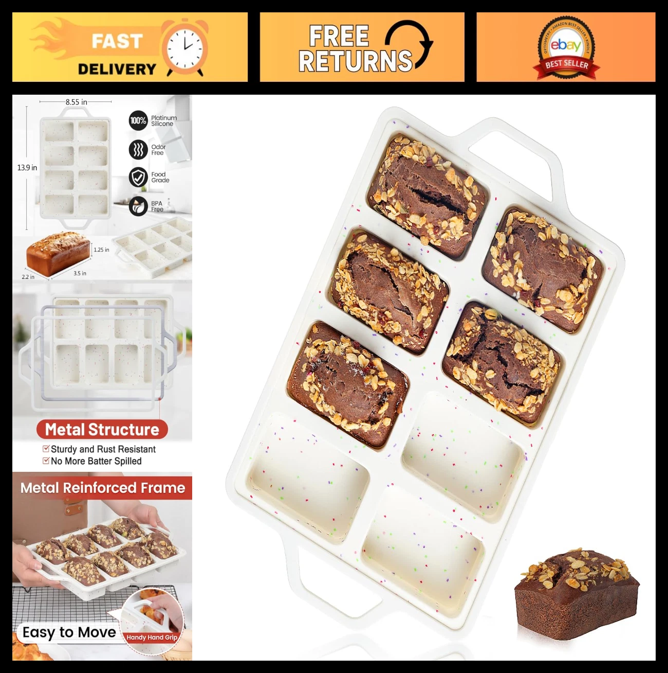 Nonstick Mini Loaf Pan - 8-Cavity Silicone Baking Mold for Bread, Meatloaf, Brow