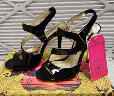 Versace for H&M Black Patent Leather strappy heels NEW wBox+Tags, EU38/US7