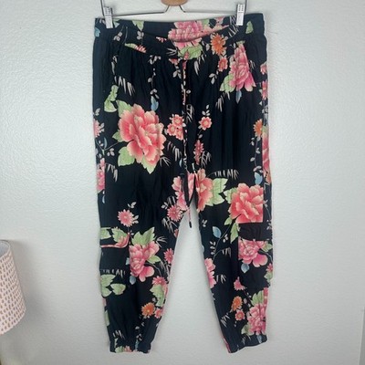 Johnny Was Biya Gila Black Floral Linen Blend Cargo Joggers L Boho Artsy Casual