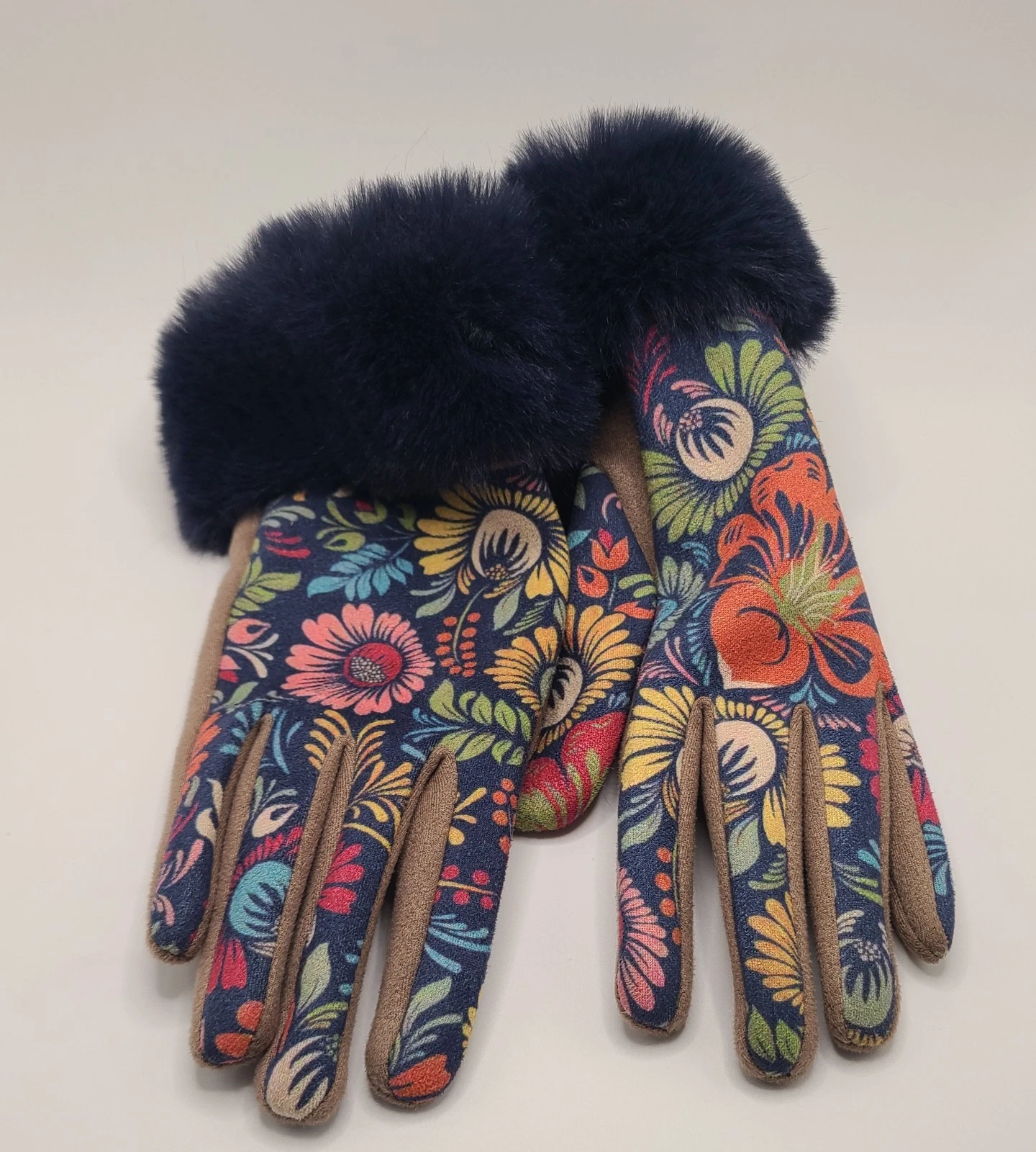 Women's small Multicolor Floral Gloves with Navy Faux Fur Trim, Wrist Length