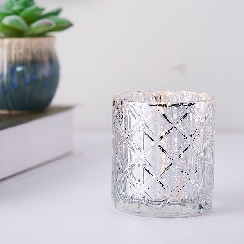 6 SILVER Mercury Glass Votive CANDLE HOLDERS Geometric Design Party Decorations