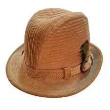 Vintage Artel Corduroy Hat Fedora with a Feather Tweed Brown Made in USA Size 7