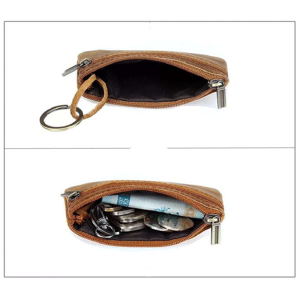 Brown Genuine Leather Coin Purse Small Zipper Wallet with Key Ring & Card Holder