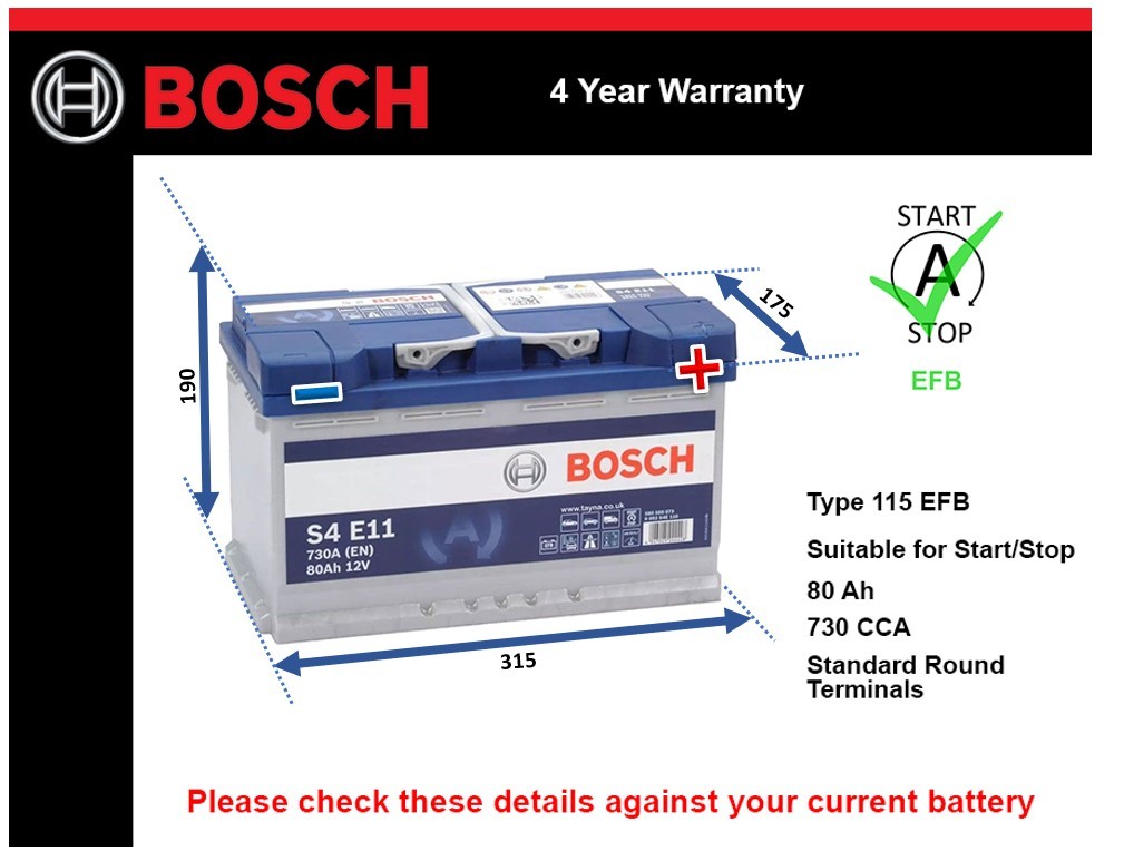 EFB Battery fits FORD TRANSIT CUSTOM V362 2.0D 15 to 23 Stop Start Bosch 115 EFB