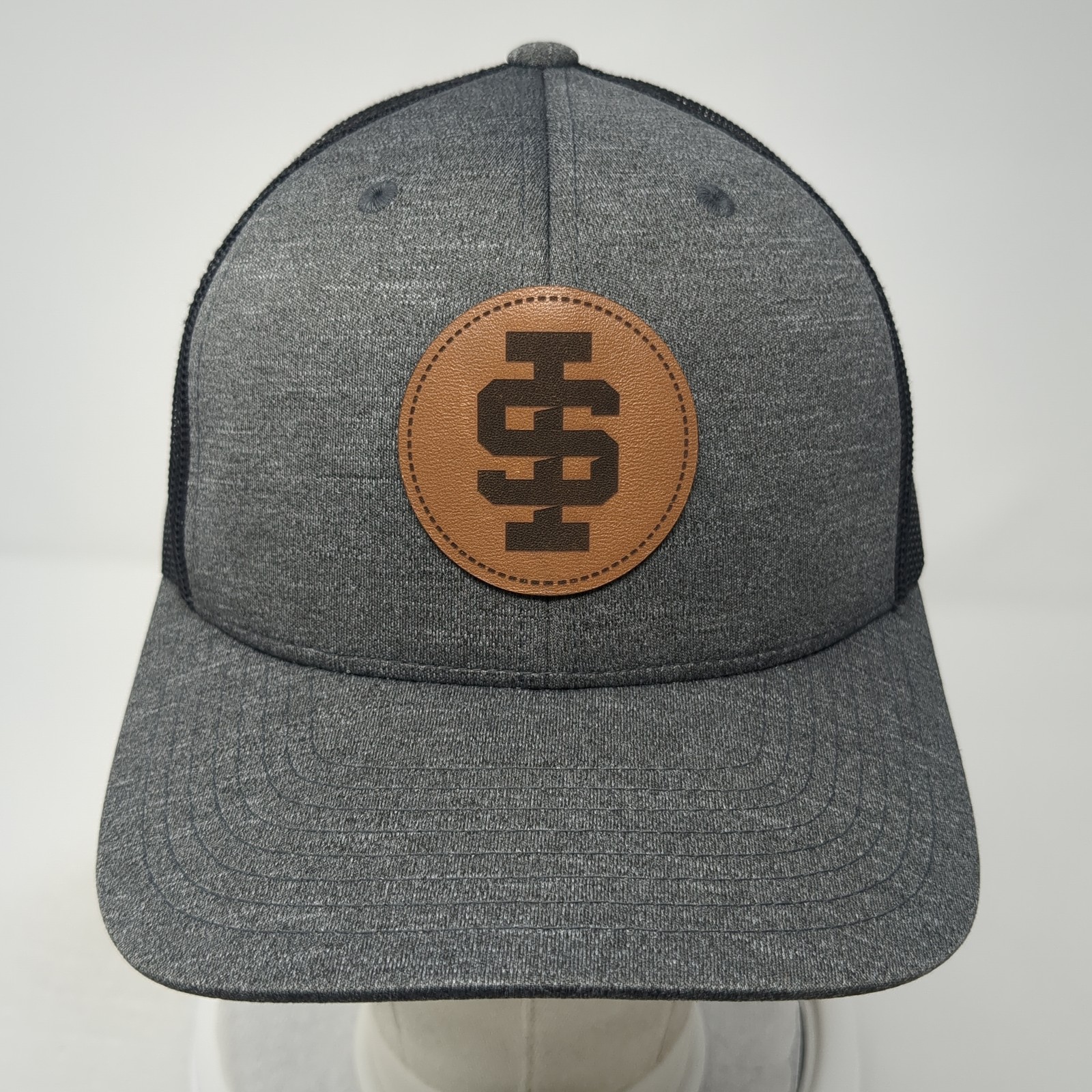 Monogram Leather Patch Snapback Trucker Hat Gray … - image 2
