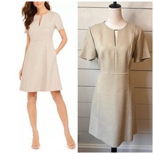 Elie Tahari Womens Elie Ariel Keyhole Dress NWT 12 Beige Fit Flare Short Sleeve