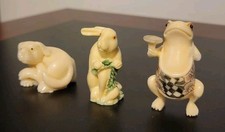 VINTAGE Japanese Netsuke Style Animal Resin LOT OF 3 Rabbit Frog Dog