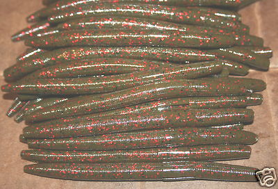 5'' Stick Senko Style Green Pumpkin Red Fleck 50 pack Bulk Bass Plastic Worms