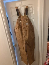 Carhartt Bib Overalls Duck Canvas Men's 44x30 Double-Knee R37 Brown Workwear