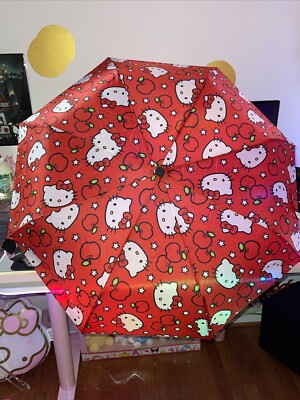 2023 Sanrio Hello Kitty 11.5'' Folding Umbrella Red Apples Stars Auto Open Close