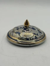 Lidded Trinket Dish Hand Painted Porcelain Cobalt Blue With Gold