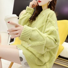 Women Knit Sweaters Beaded Pullover Jumper Faux Pearl Tops Blouse Diamond Casual