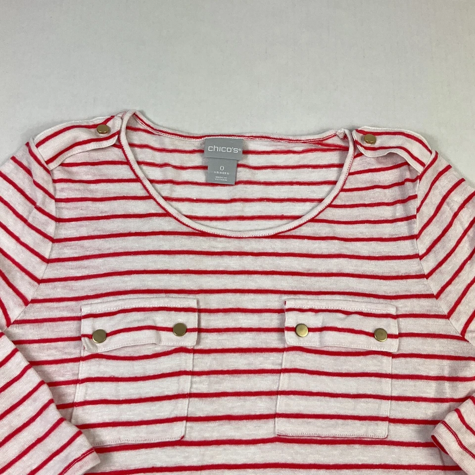 Chicos Camiseta de Lino Pequeña Rayas Manga 3/4 Resort Costa Informal Camiseta Foto 3 de 4