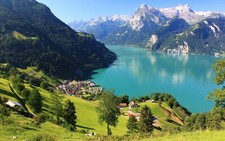 Landscape lake mountains village alps nature switzerland Custom Gaming Mat Desk