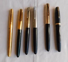 6 PARKER FOUNTAIN PENS, 2 VACUMATIC 51, 3 AEROMATIC, 1 MKII 61, USA & ARGENTINA