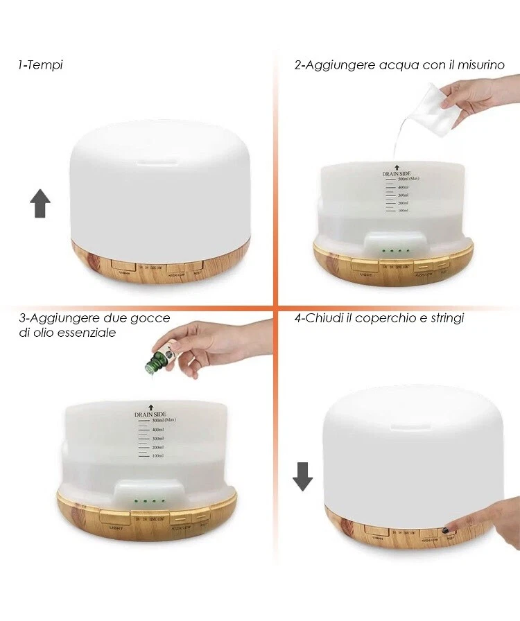 UMIDIFICATORE DIFFUSORE DI AROMI OLI ESSENZIALI NEBULIZZATORE CON LUCE LED RGB - Immagine 3 di 4