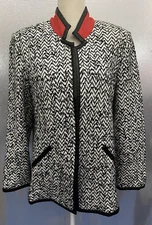 Ming Wang Womens Plus Sz 0X Herringbone Wool Knit Open Front Blazer Jacket
