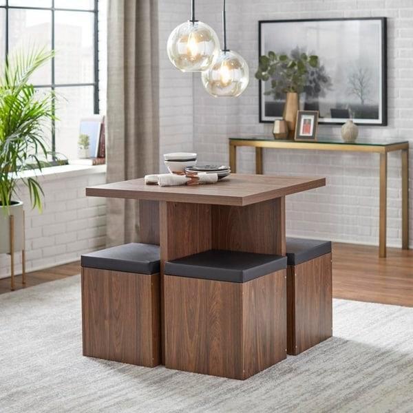 Dining Set Table With 4 Storage Ottomans 5 Piece Dining Set Brown Walnut Finish