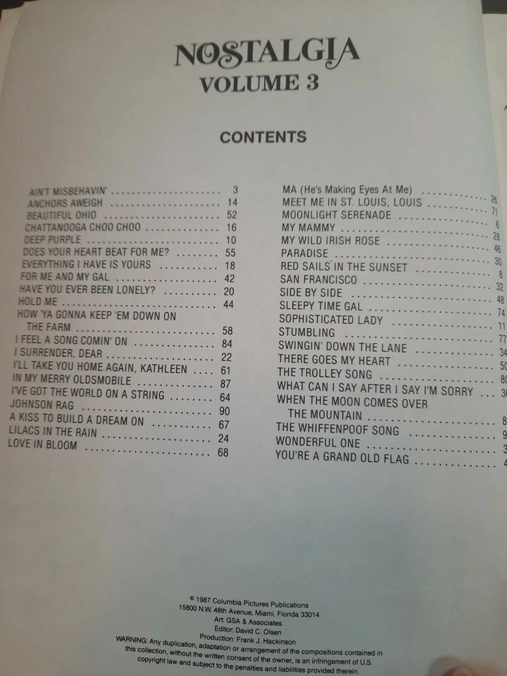 Nostalgia Volume 3 Piano Vocal Chords Guitar Songbook RARE Sheel Music 1987 - Image 2 of 4