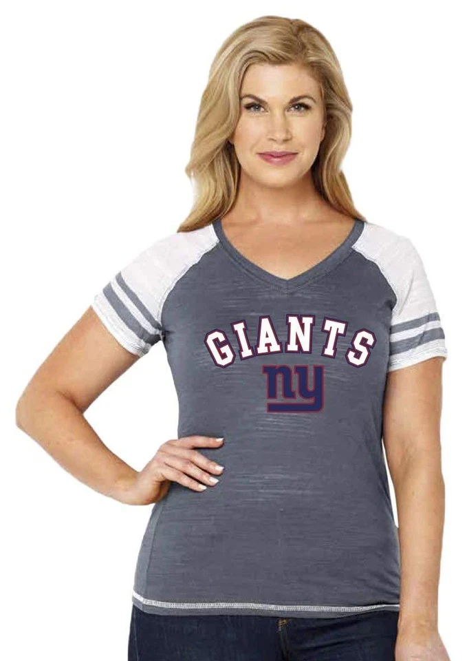 NFL Womens Curvy V-Neck Tee Striped Sleeves - Plus Sizes 1X-3X Many Teams