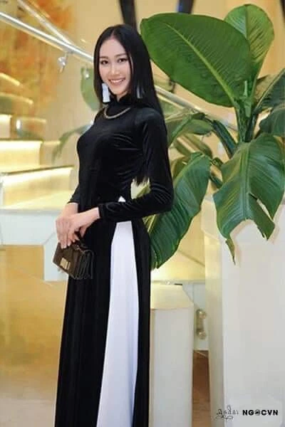 Black Velvet Ao Dai Vietnamese Long Dress With White Pants G88