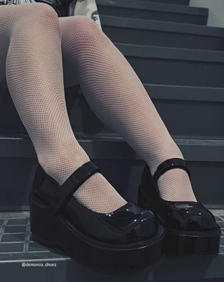 Black 90s Platform Mary Janes Goth Lolita Womans Shoes Wednesday