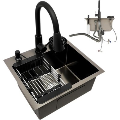 Küchenspüle Schwarz Edelstahl 45x40cm Komplettset Abtropfkorb Wasserhahn Seif...