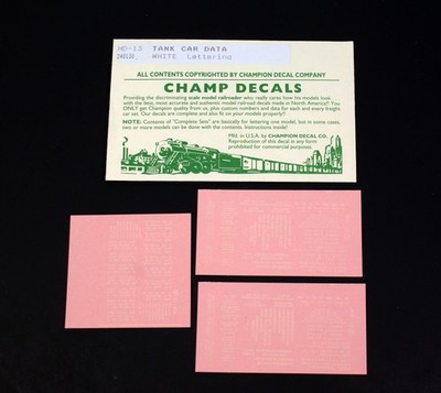 Champ Decals HO Scale HD-13, Tank Car Data, White Lettering, New Old Stock