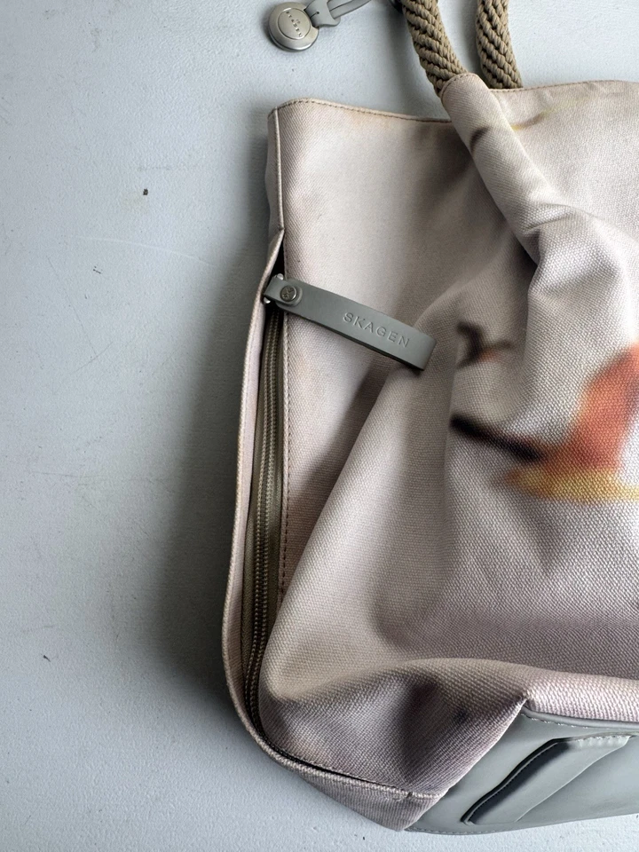 Bolso de Mano Grande SKAGEN Dinamarca Lona Pájaros Estampado Diseño Doble Asa Gris Foto 4 de 4