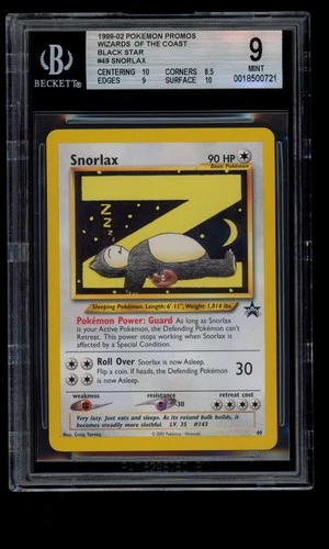 2002 WOTC POKEMON LEAGUE BLACK STAR PROMO SNORLAX #49 SLEEPING SNORLAX BGS 9 M