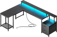 66" L Shaped Gaming Desk with LED Lights  Power Outlets, Computer Desk with Fab