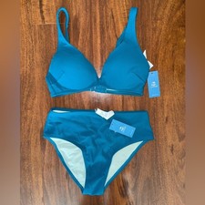 NWT Cupshe Teal Ribbed Bikini Set Womens Small Two Piece Swim Swimsuit Beach