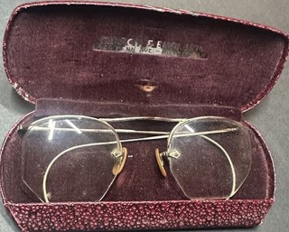 Occhiali da vista vintage anni '30 1/10 12K GF senza montatura con custodia Gibson & England Pittsburgh