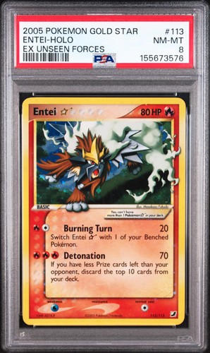 Pokemon Entei Gold Star Holo EX Unseen Forces 113/115 PSA 8