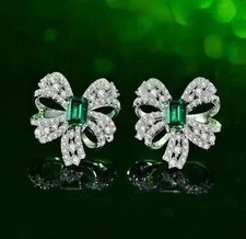 2Ct Emerald Cut Simulated Emerald Flower Stud Earrings In 14K White Gold Plated