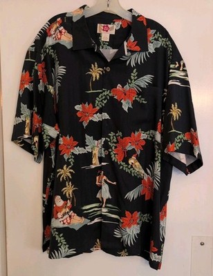 Hilo Hattie Hawaiian US Men's Size L Christmas Tiki Bob Hula Girl Santa Parrot