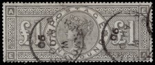 GB QV SG185, SCARCE £1 brown-lilac WMK CROWNS, USED. Cat £2750. CDS EA