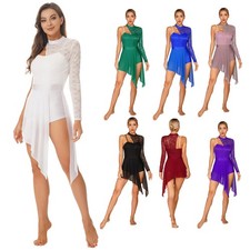 Women's Turtleneck Lace Ballet Dress Asymmetric Flowy Tulle Skirt Lyrical Dance