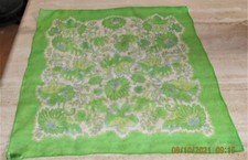 Burmel square floral scarf; green white blue yellow; semisheer; 22x23; vinal