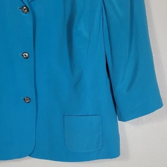 Blazer vintage de mujer 100 % seda con botones talla L azul azulado clásico dinero antiguo preppy Foto 3 de 4